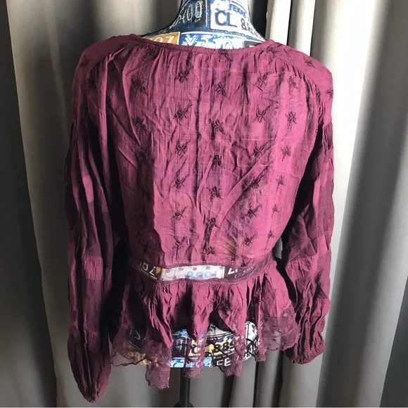 Free People Boho Hippy Floral Embroidered Sheer Paneling Long Sleeve Blouse - Picture 10 of 12